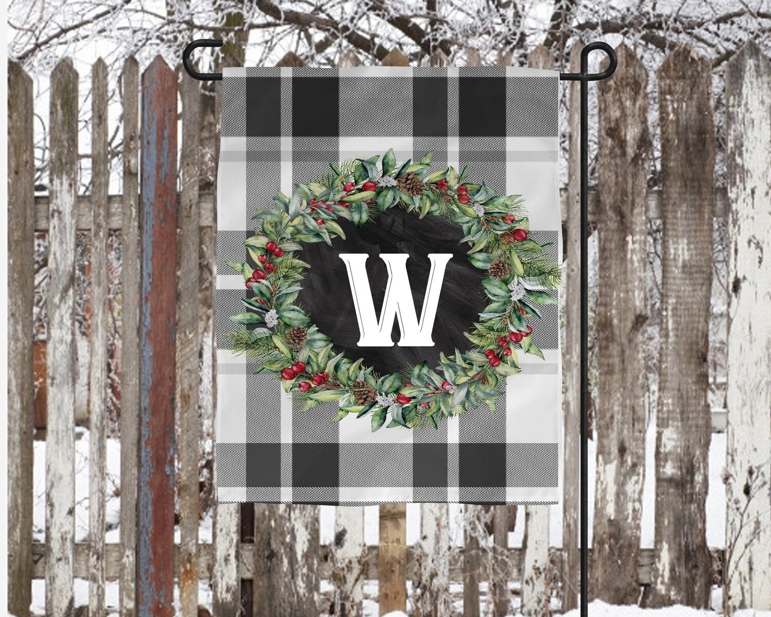 Black and White Plaid with Wreath Garden Flag