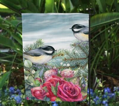 Chickadee and Roses Garden Flag