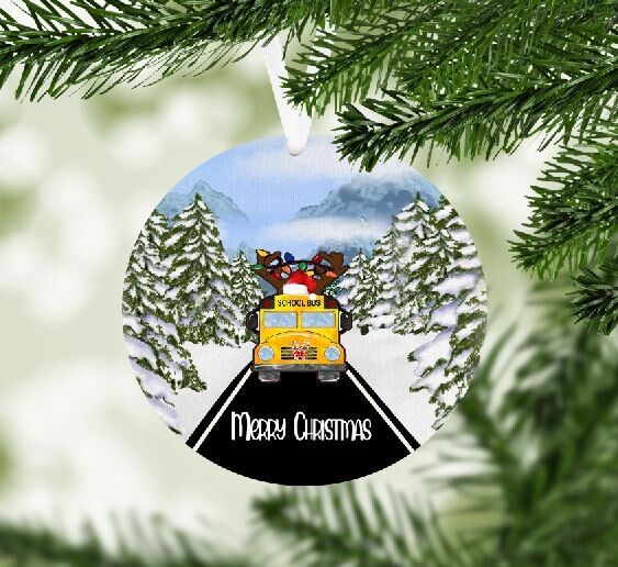 Christmas School Bus Metal Round