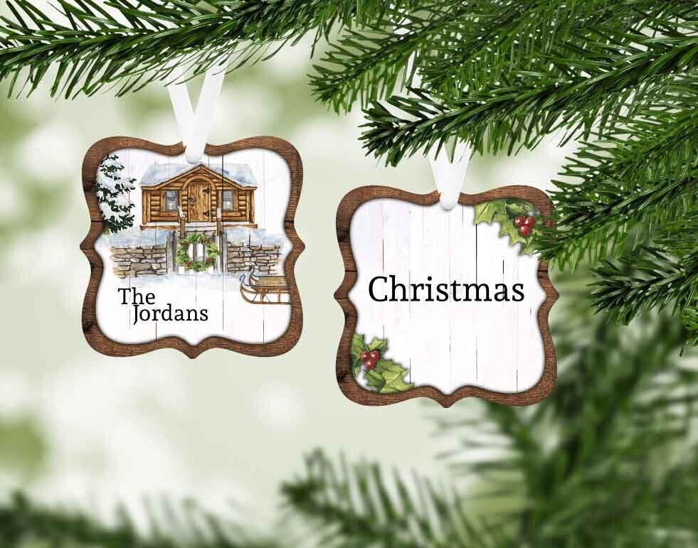 Christmas Holiday Cabin Metal Ornament