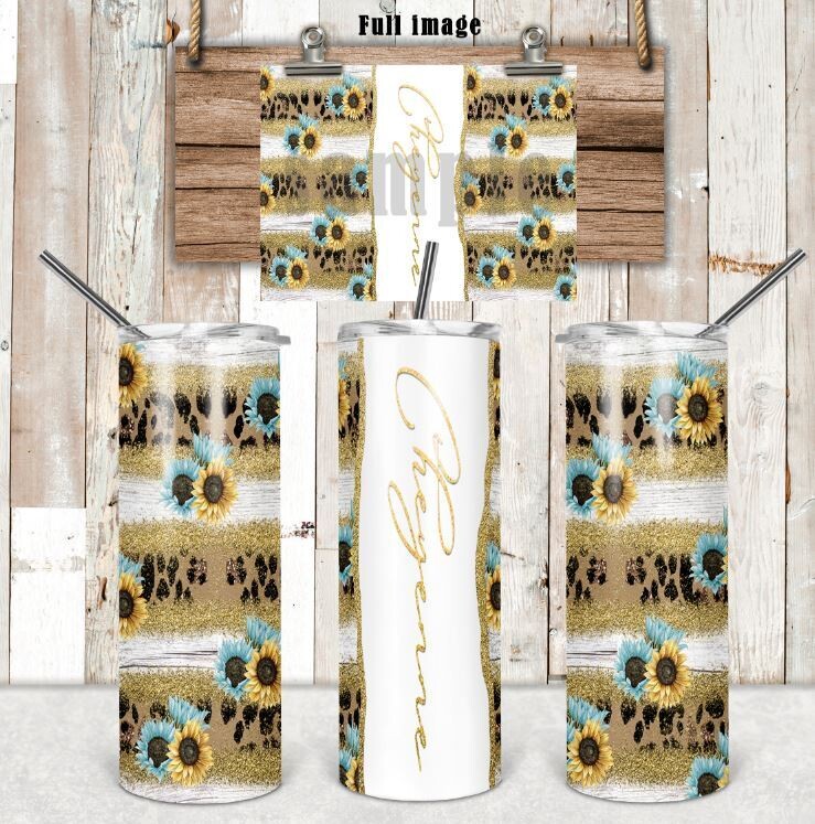 Sunflower in teal and yellow with Faux Glitter  20oz Tumbler and personalization