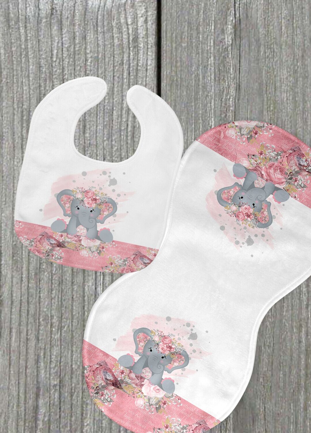 Pink Elephant bib and burp set