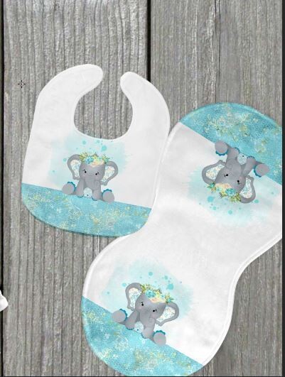 Teal elephant bib and burp set