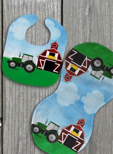 Green Tractor bib and burp set with personalization