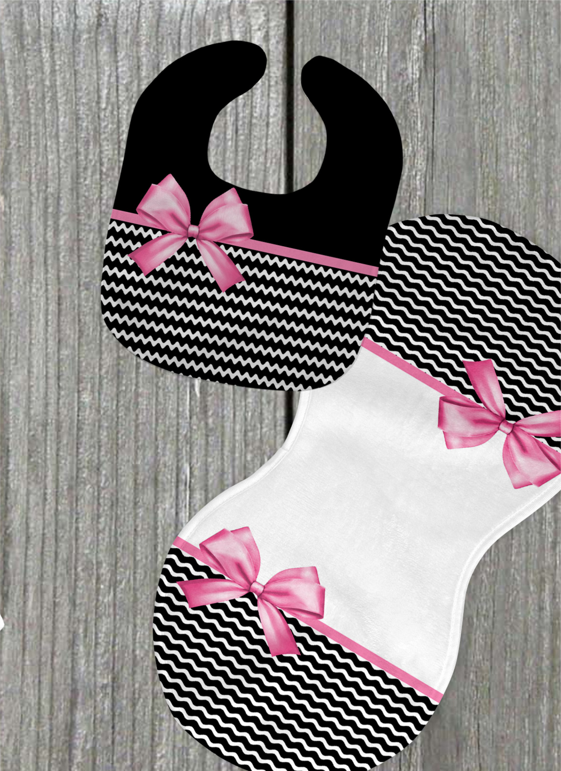 Pink and Black  bib and burp set with personalization