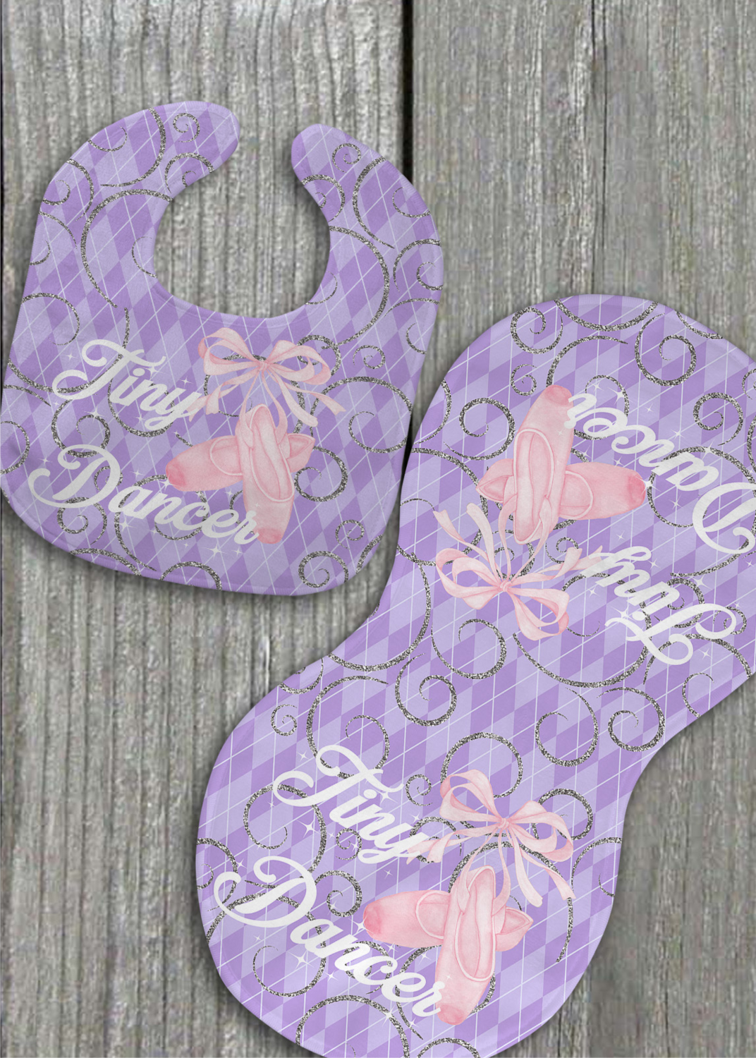 Tiny Dancer bib and burp set with personalization