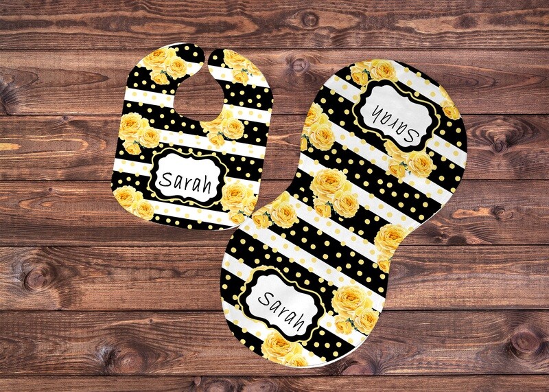 Yellow rose stripe bib and burp set with personalization