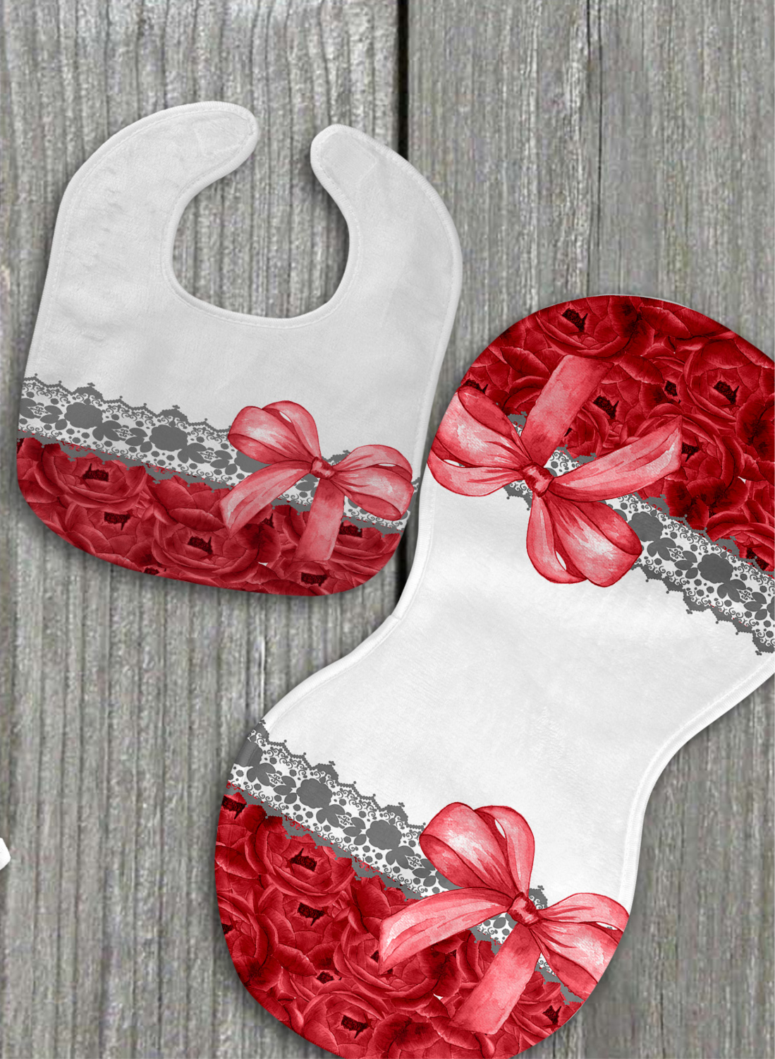 Rose and Gray bib and burp set with personalization