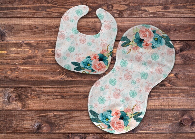 Coral and Teal bib and burp set