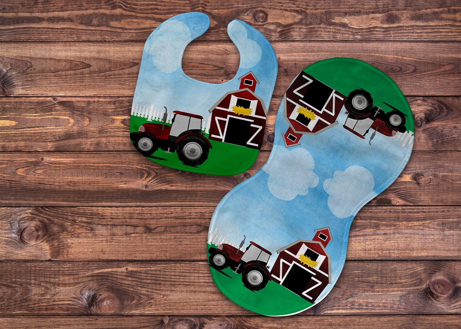 Red Tractor bib and burp set with personalization