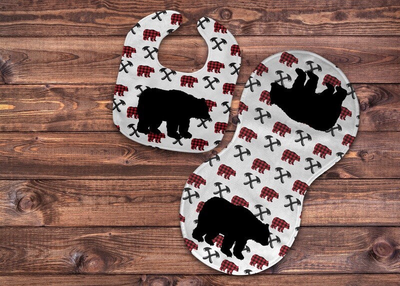 Buffalo Plaid Black Bear bib and burp set with personalization