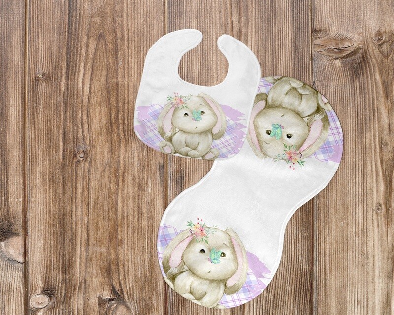 Bunny Girl or Boy  bib and burp set with personalization