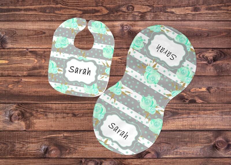 Mint and rose stripe  bib and burp set with personalization