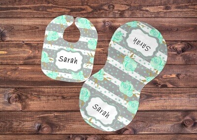 Mint and rose stripe bib and burp set with personalization