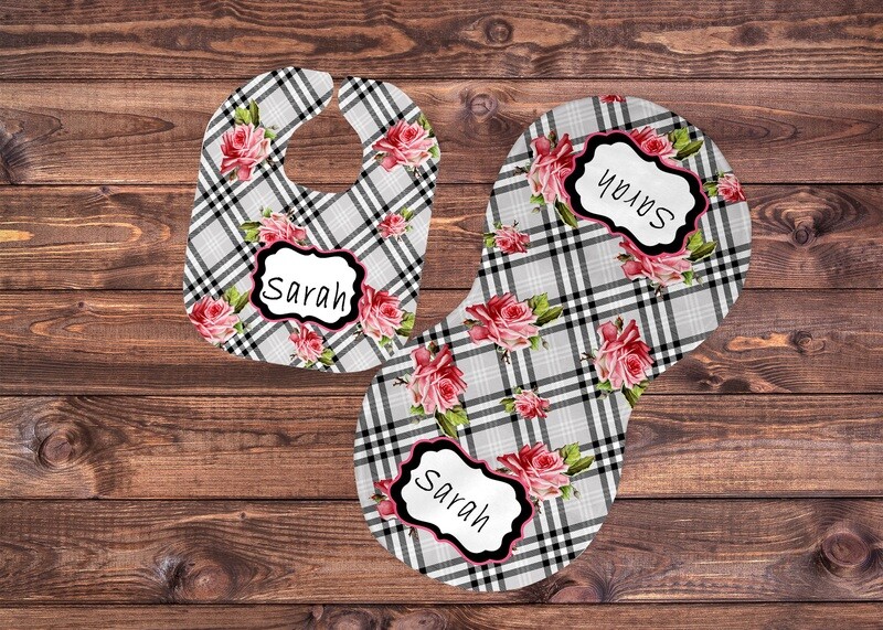 Pink rose Plaid bib and burp set with personalization