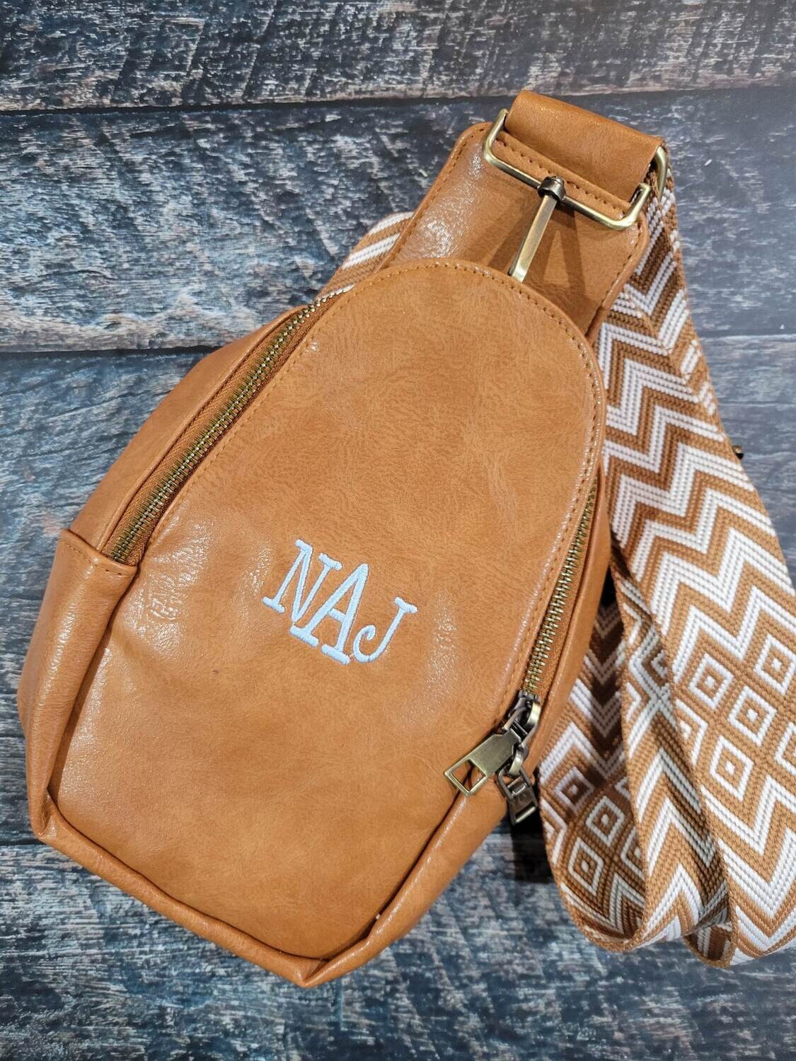 Crossbody Fanny Pack with Embroidered Monogram in Tan
