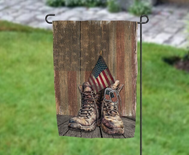 Boots with Rustic Flag Wood Background Garden Flag