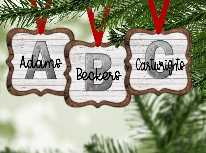 Faux Wood with Faux Metal Letter on a   Metal Ornament