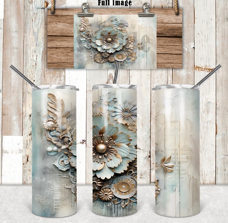 Faux Plaster and Metal Blue Floral  20 oz tumbler