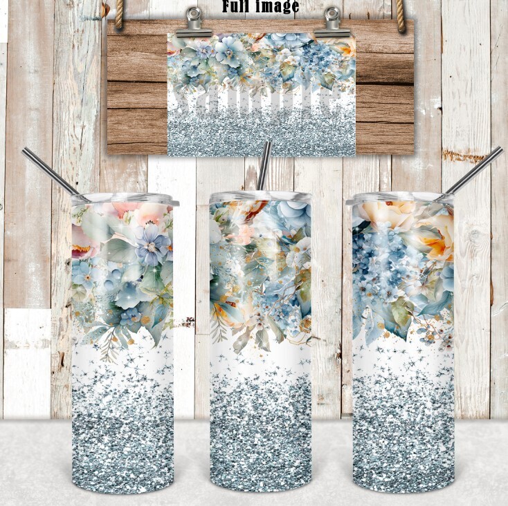 Blue Floral with Faux Glitter 20 oz tumbler