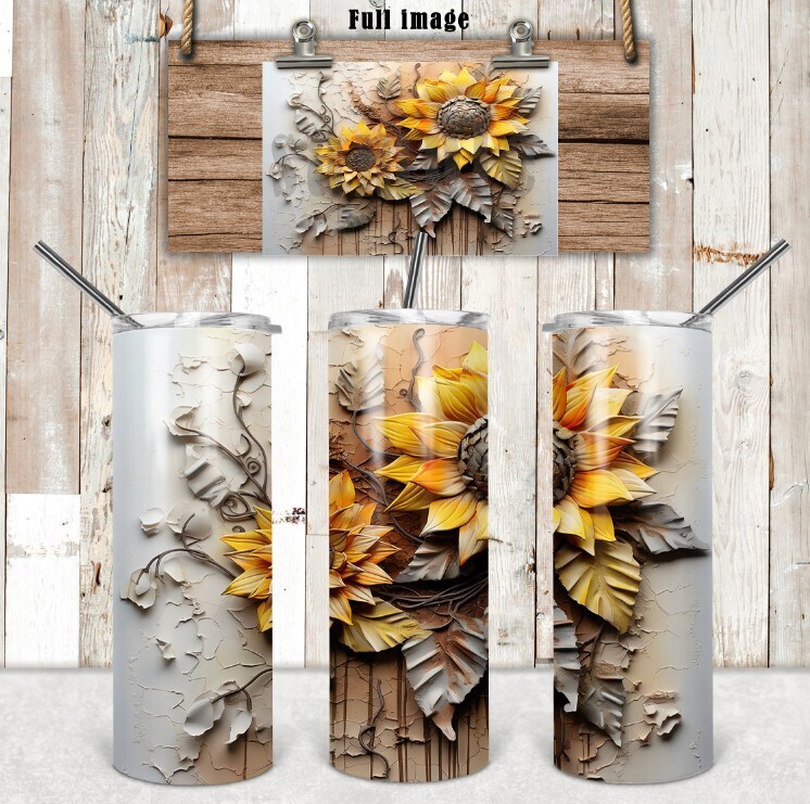 Faux Plaster and Metal  Sunflower 1  20 oz tumbler