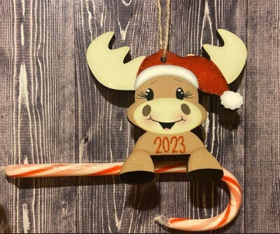 Moose Candy Cane  Hardboard Ornament