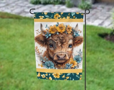 Retro Teal and Yellow Floral Highland Cow Garden Flag