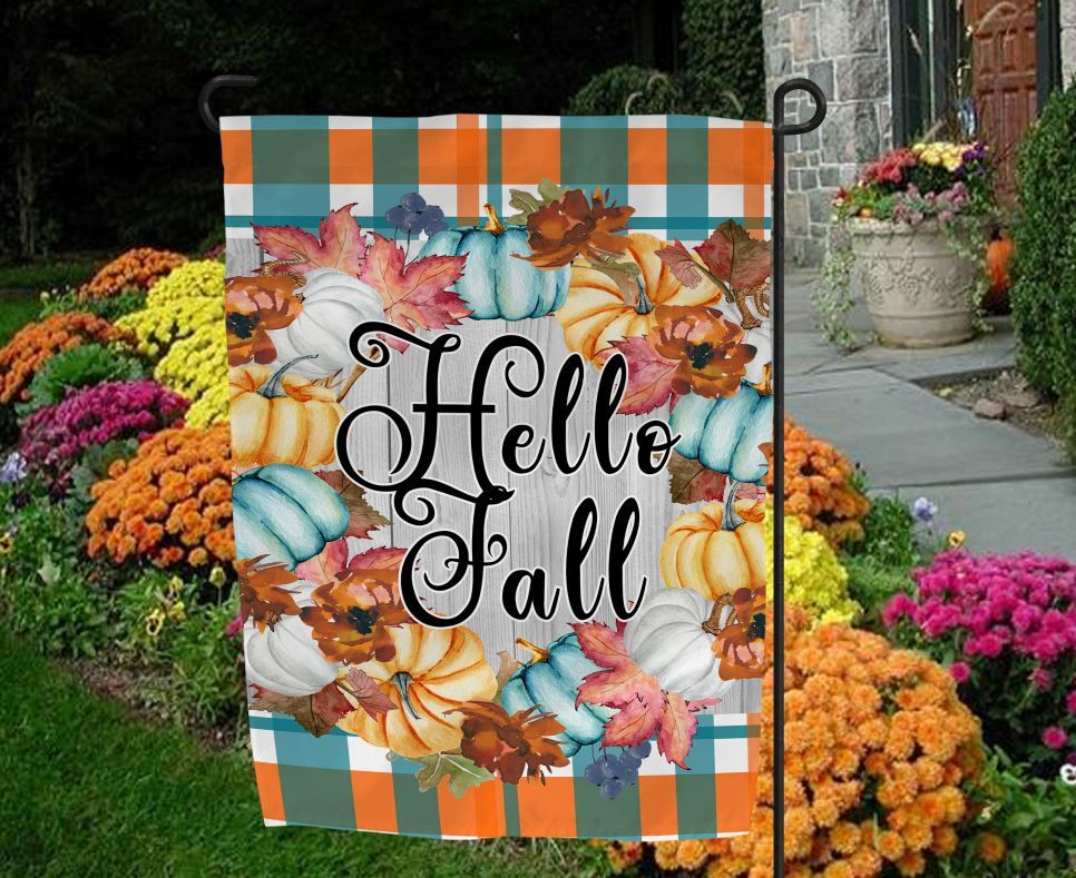 Hello Fall Orange and Teal Plaid Garden Flag