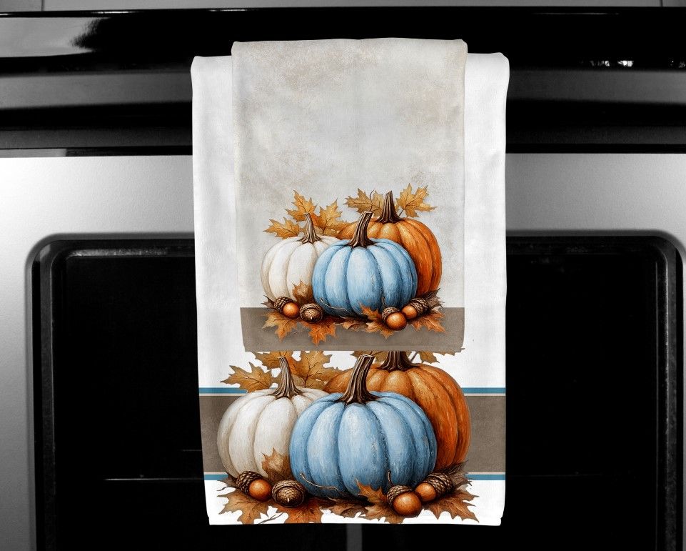 Fall Pumpkin in blue, white and orange Towel Set
