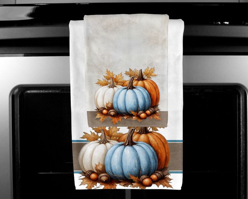Fall Pumpkin in blue, white and orange Towel Set