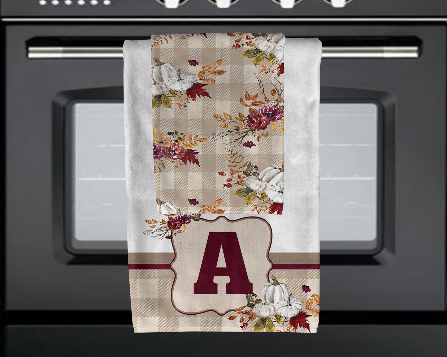 Fall White Pumpkin and Tan Plaid Towel Set
