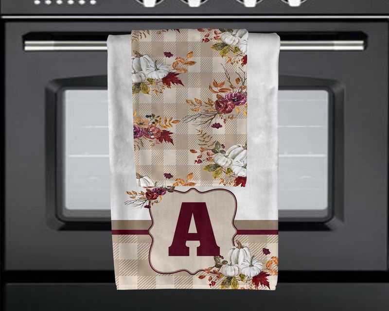 Fall White Pumpkin and Tan Plaid Towel Set