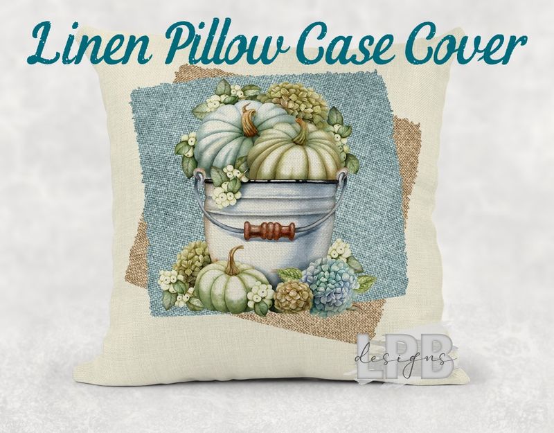 Teal and Green and Pumpkins Linen Pillow Case Cover