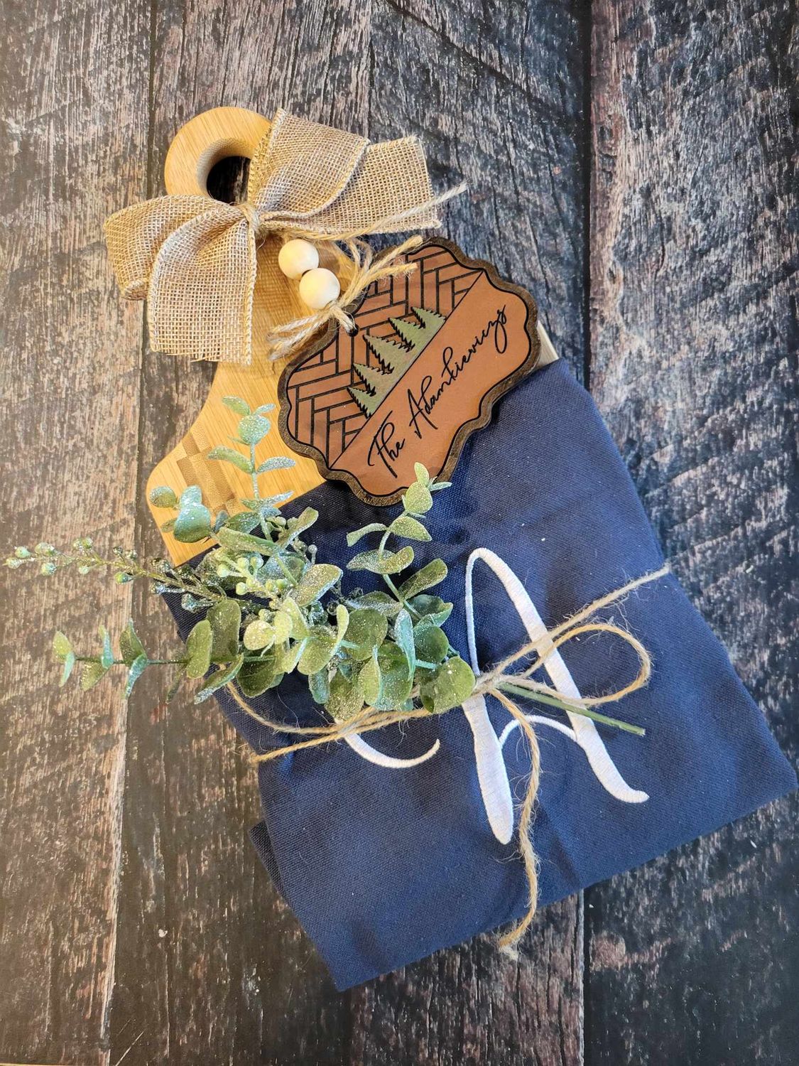 Personalized Bamboo Cutting Board Set with Embroidered Towels and Custom Ornament Gift Set