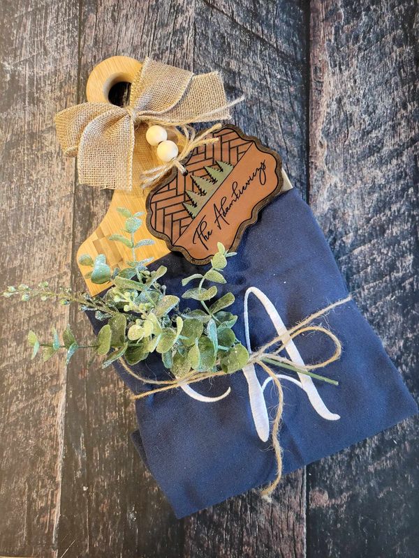 Personalized Bamboo Cutting Board Set with Embroidered Towels and Custom Ornament Gift Set