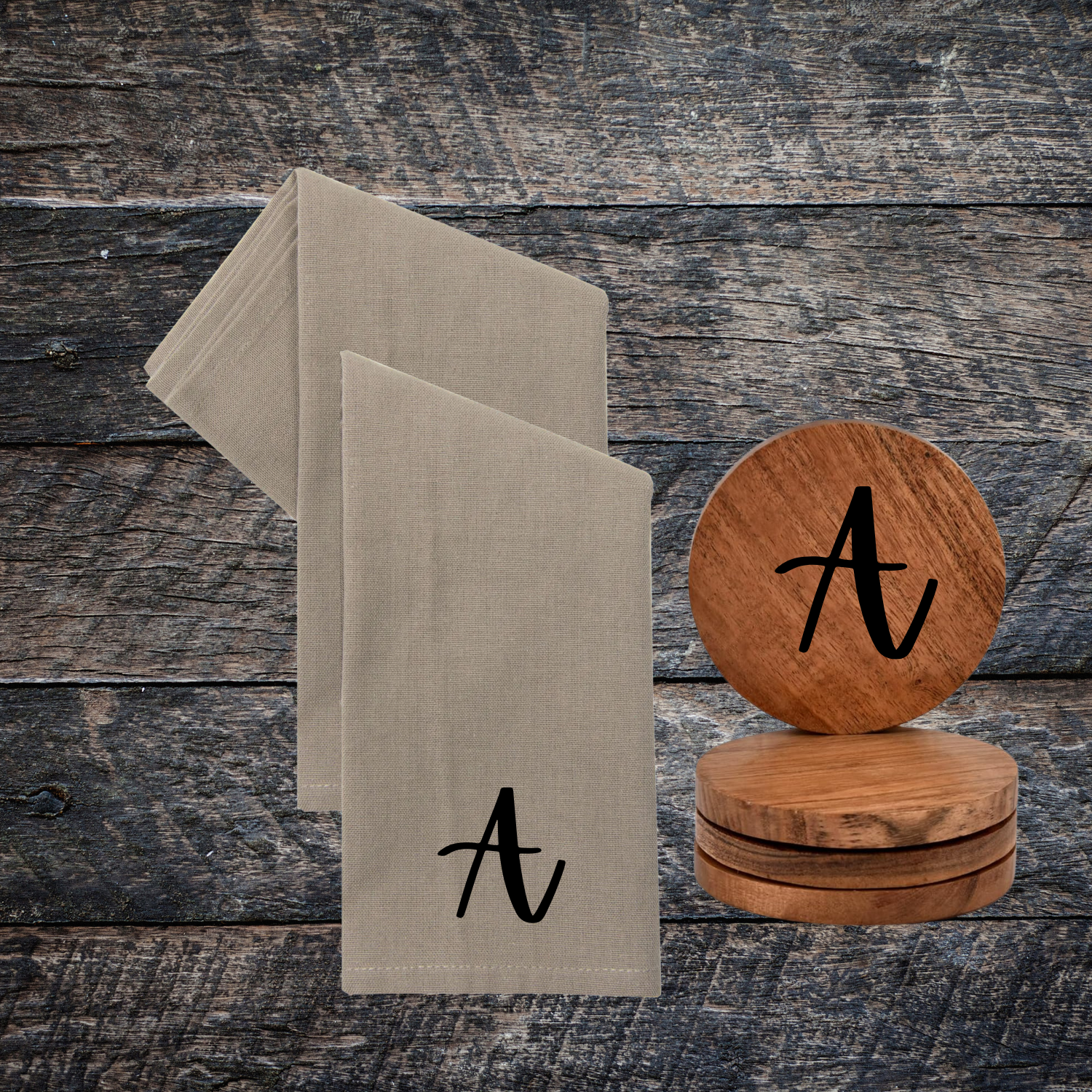 Embroidered Monogram Towel Set with Acacia Wood Coasters Gift Set