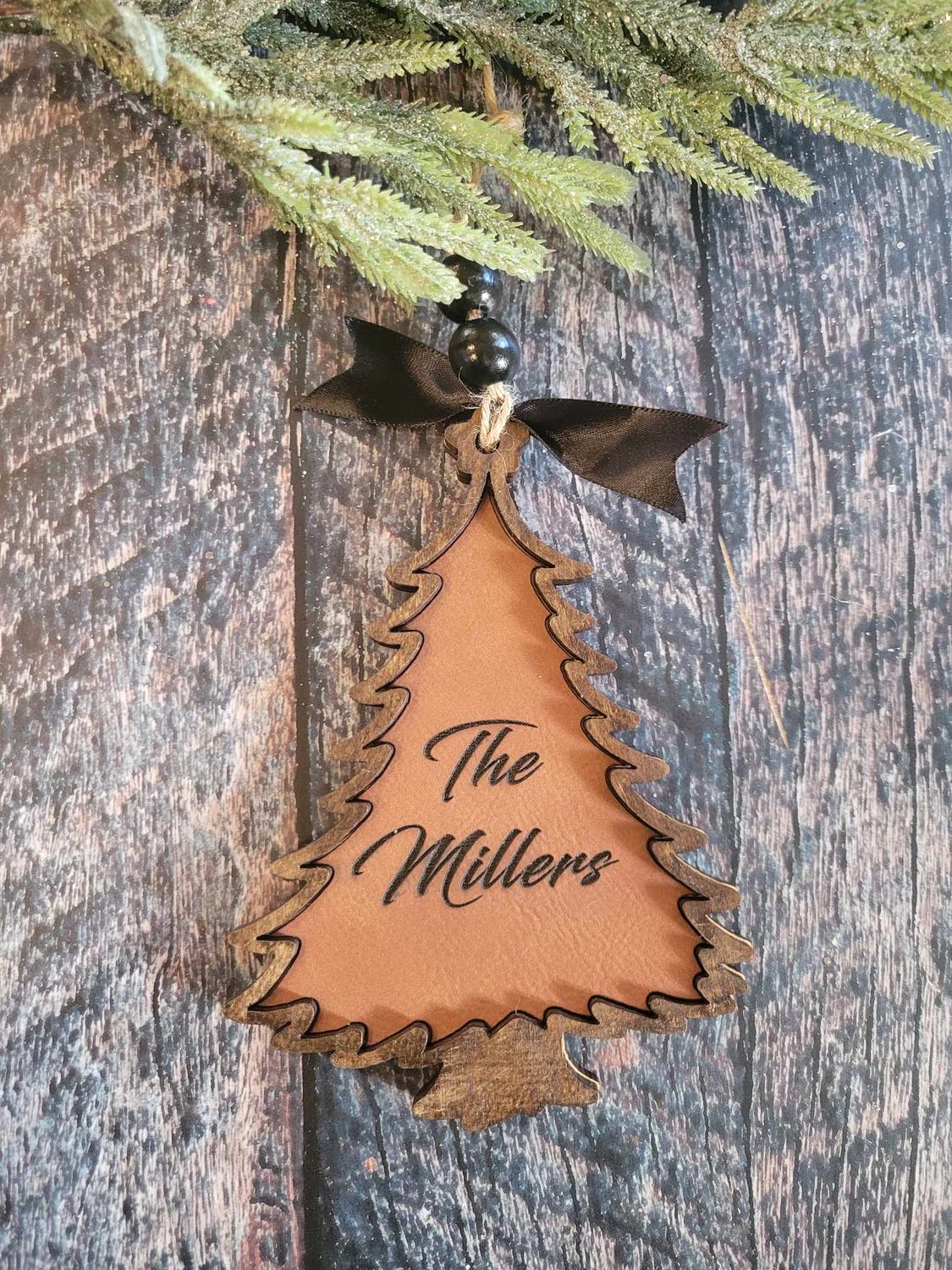 Wood and Leather Tree Ornament