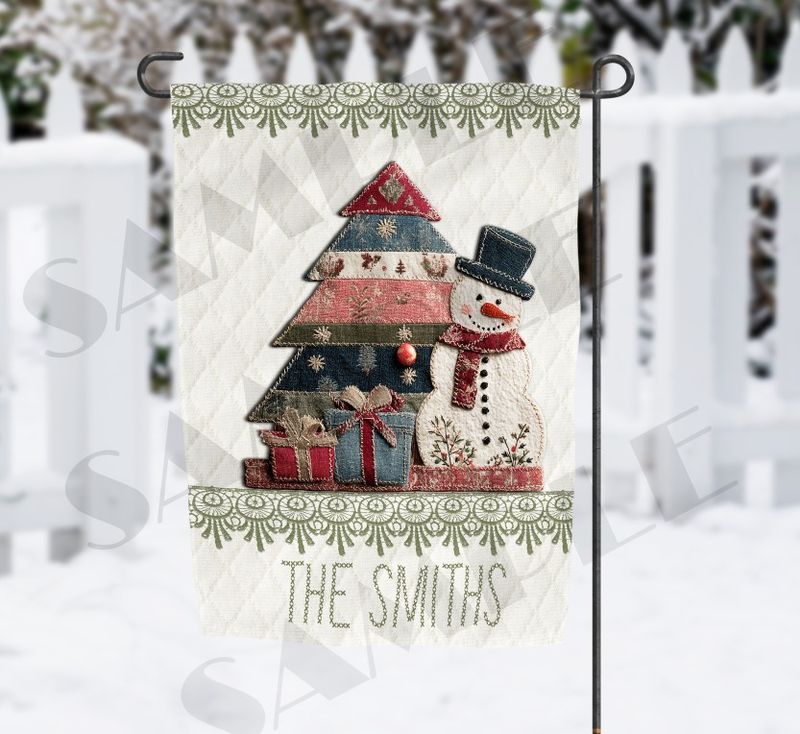 Faux Patchwork  Snowman and Tree Garden Flag