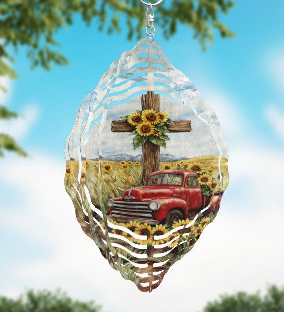Sunflower Cross and Red Truck Wind spinner