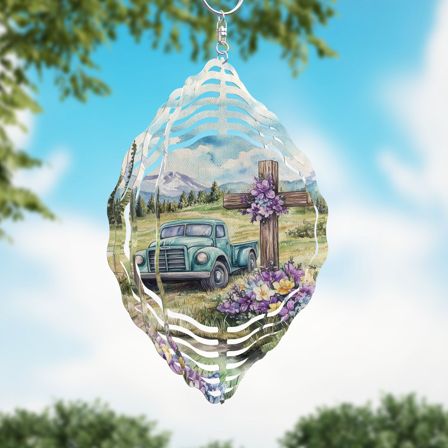 Purple Floral Cross and  Teal Truck Wind spinner