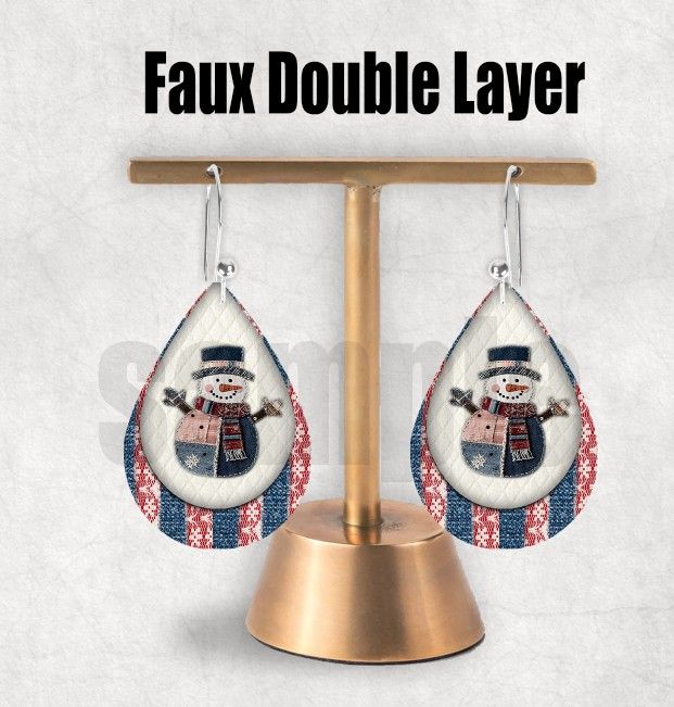 Patchwork Snowman Tear Drop Hardboard Earrings