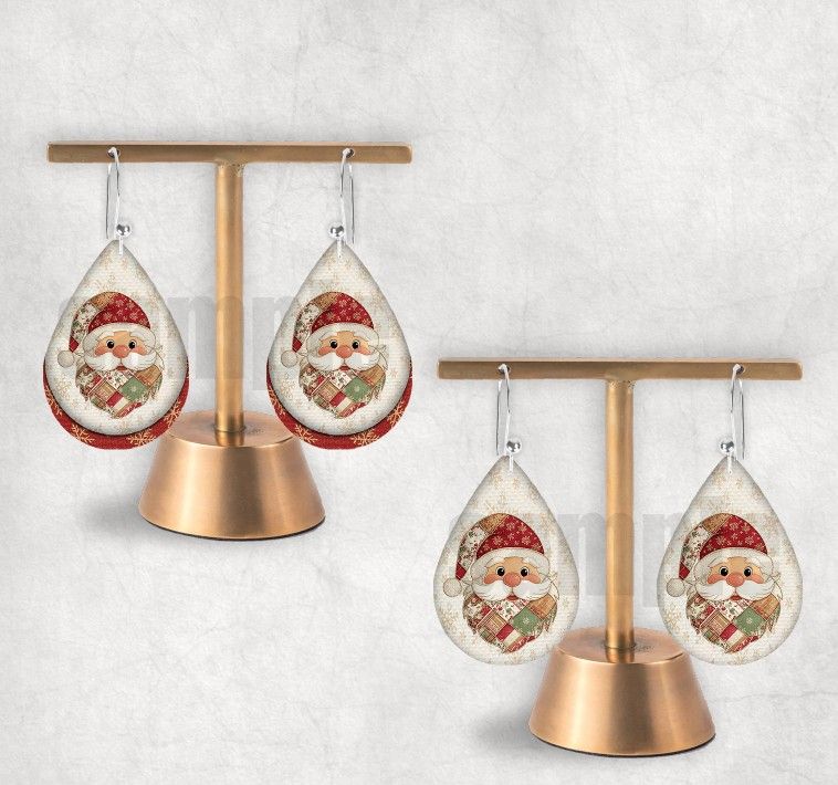 Patchwork Santa TearDrop Hardboard Earrings