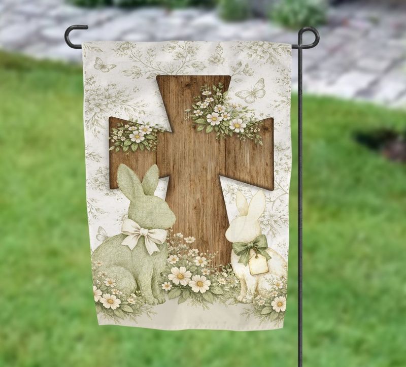 Wood Cross with Bunnies Garden Flag