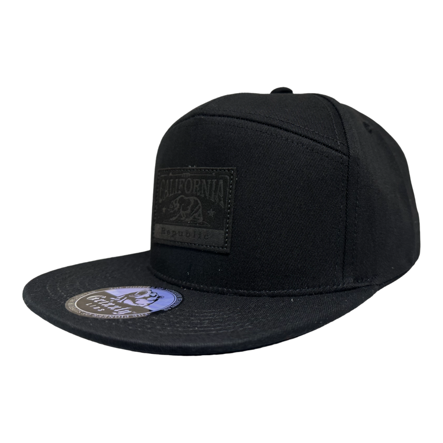 California Republic Black Leather Rectangle Patch Snapback 6 Panel Adjustable Snap Fit Hat