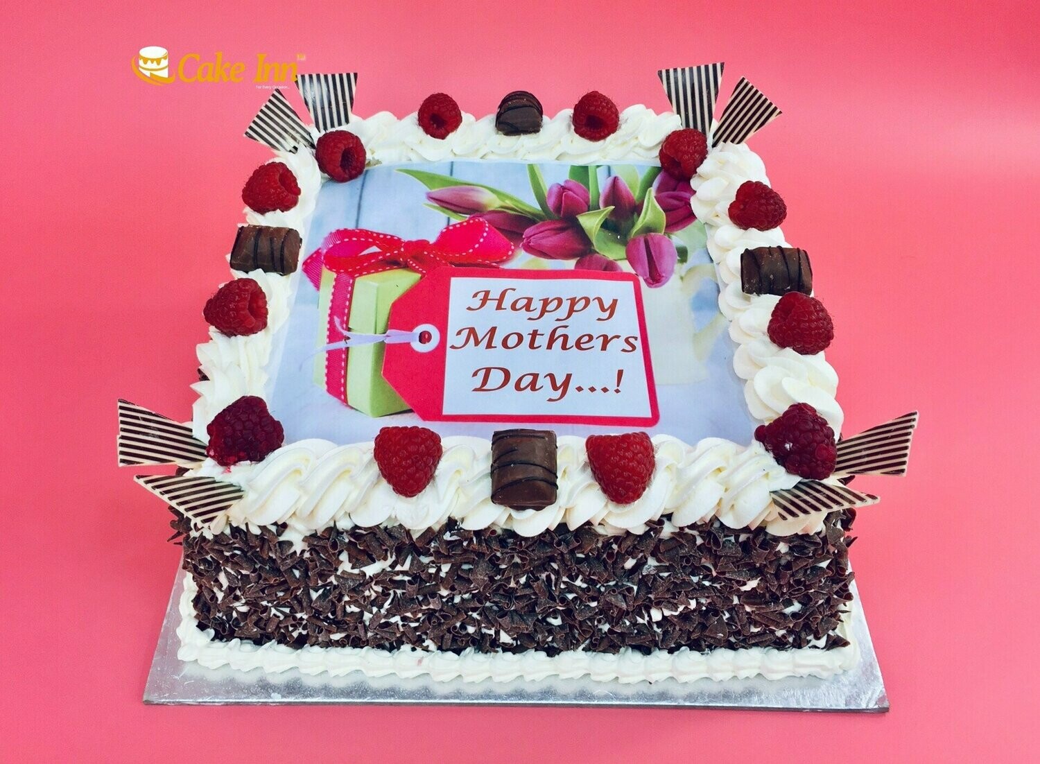 Mother's Day Cake Bueno & Raspberries With Chocolate Curls On Side