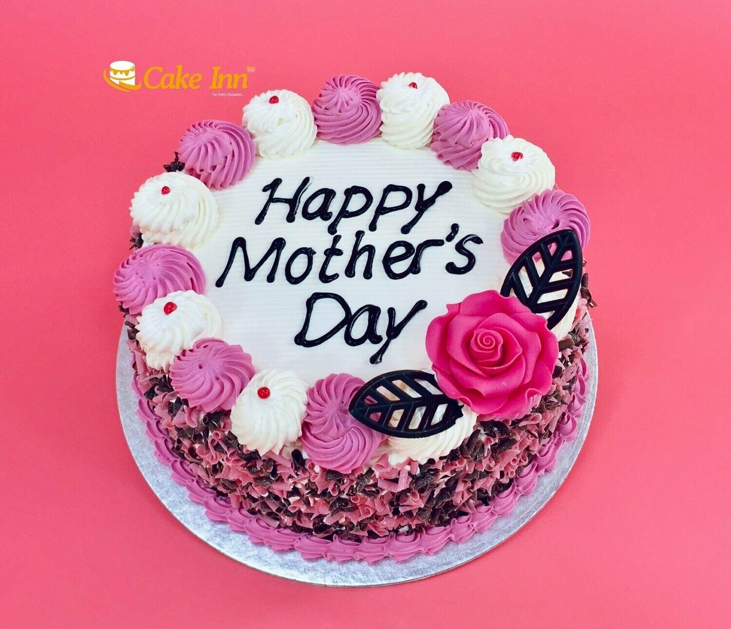 Mother's Day Cake Pink Flower With Strawberry Curls On Side