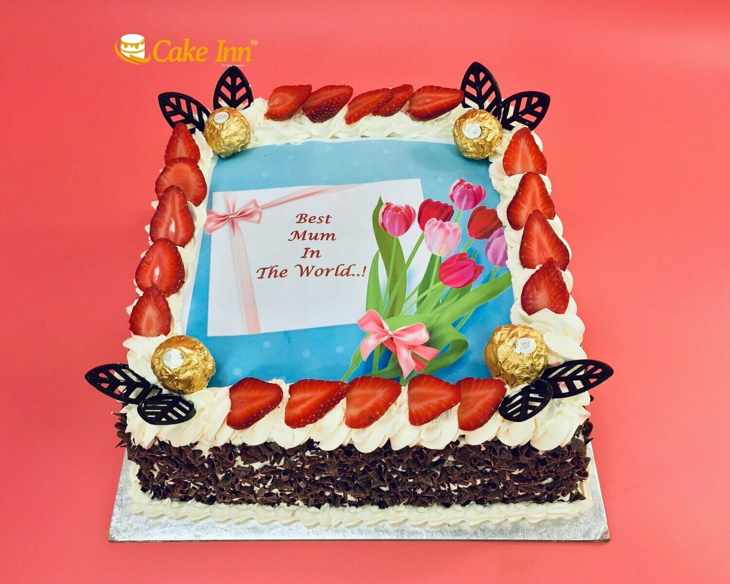 Mother's Day Cake Ferrero & Strawberry With Chocolate Curls On Side