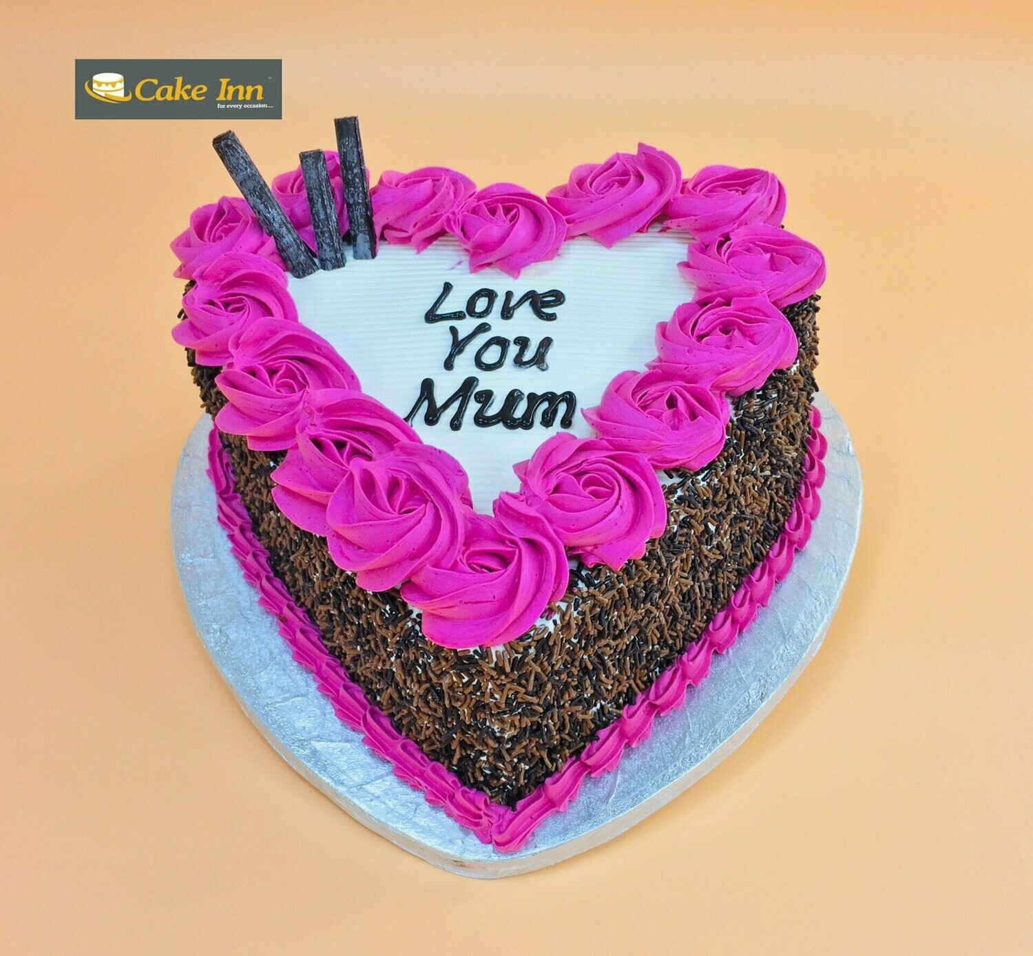 Mother's Day Cake Pink Heart With Chocolate Sprinkles On Side