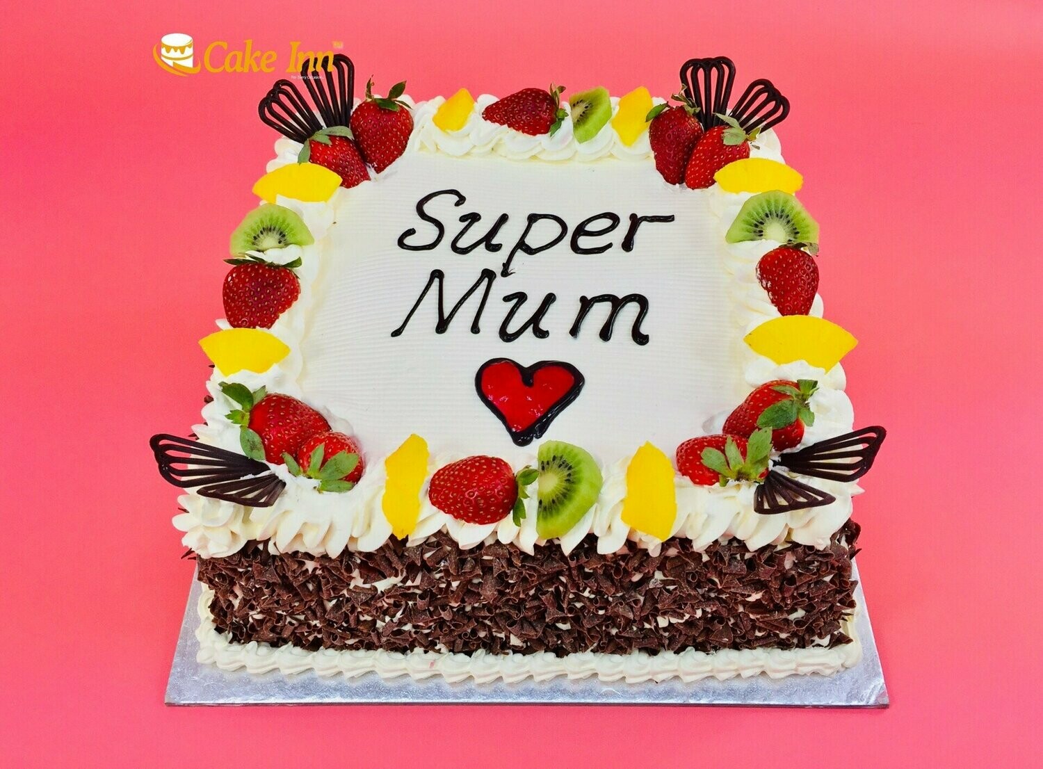 Mother's Day Cake Full Fresh Fruit With Chocolate Curls On Side