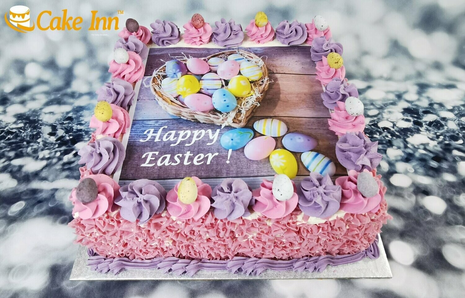 Easter Cake Easter Eggs On Top With Strawberry Curls On Side